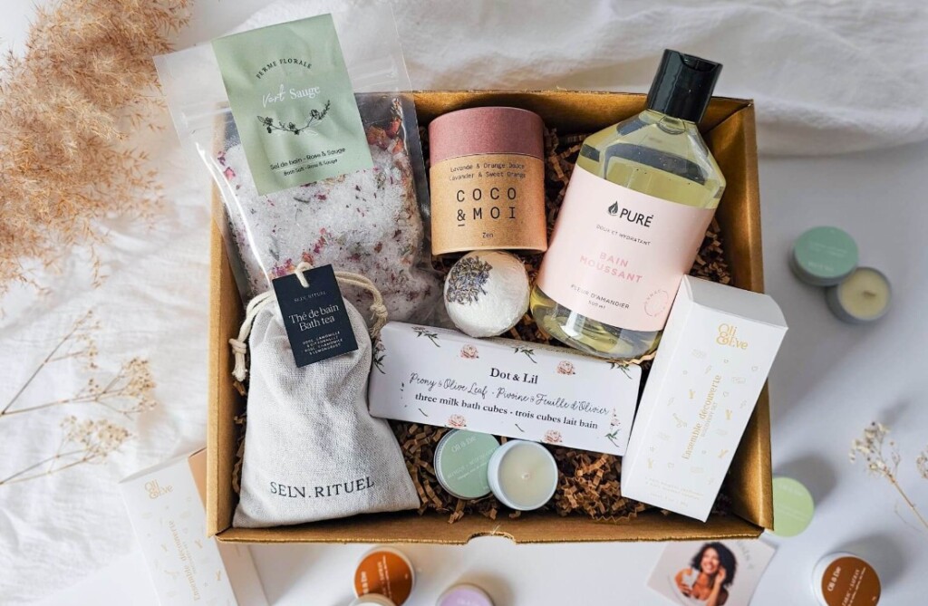 Bath box full of gifts for new moms