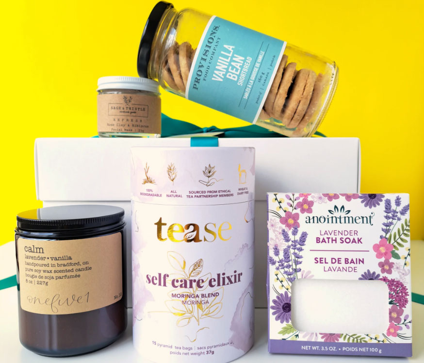 Hug in a box full of Canadian products for new moms