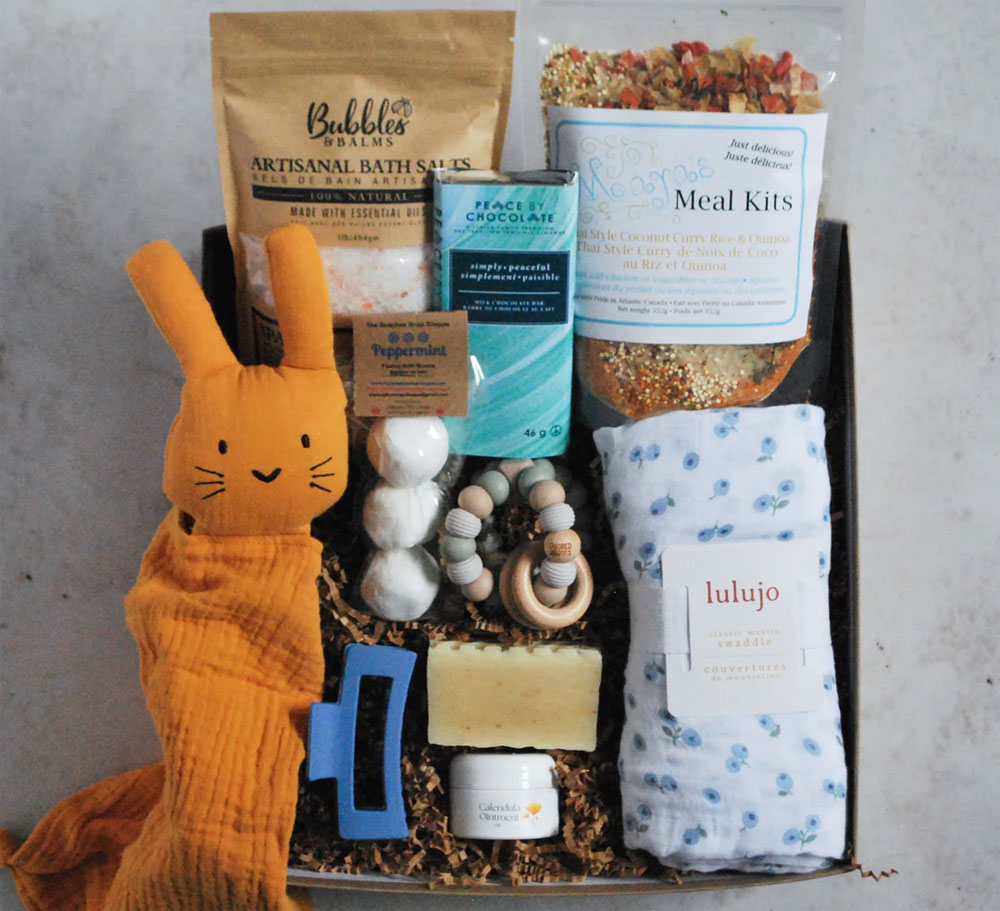 Mom and baby box full of Canadian products for new moms